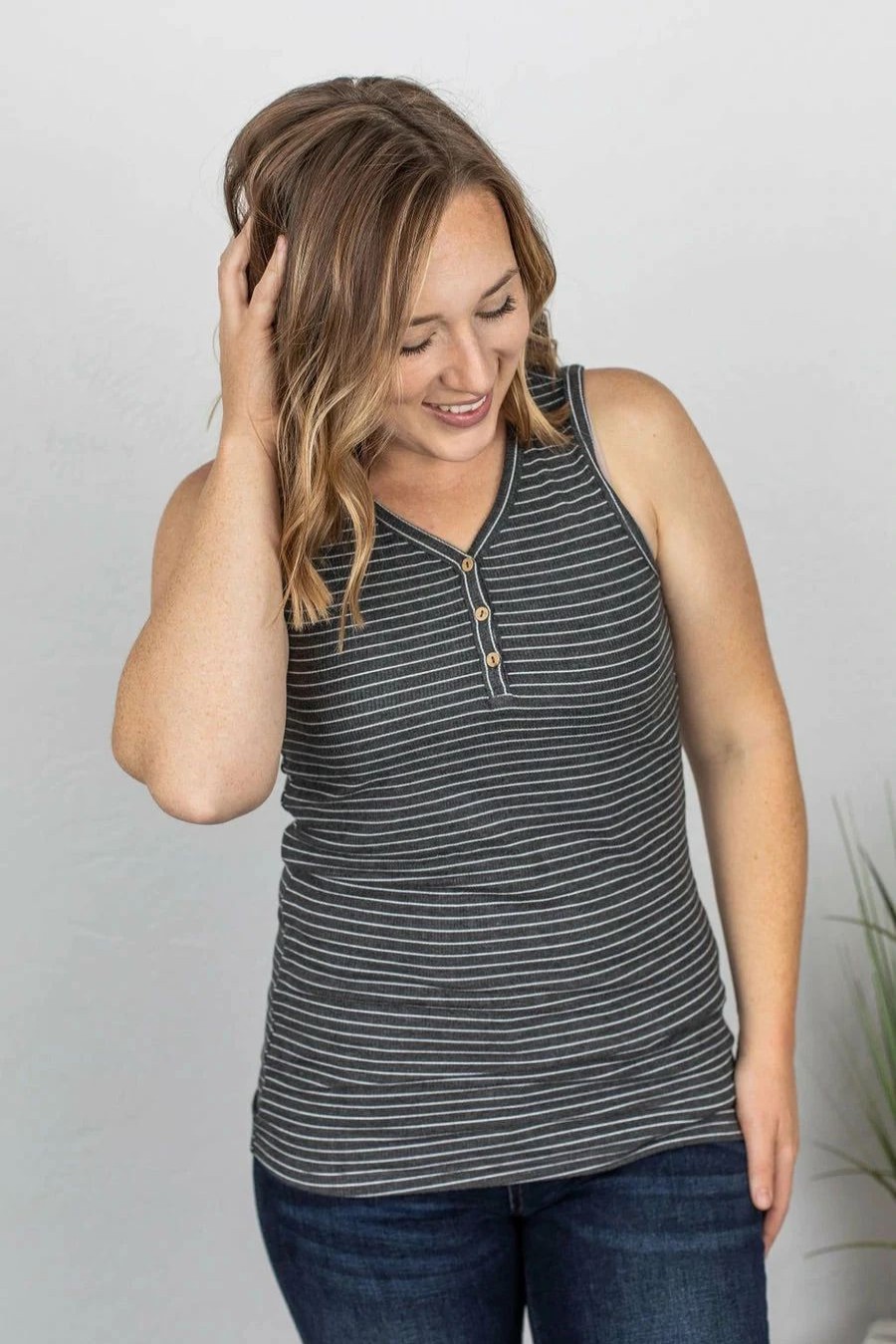 * Michelle Mae Addison Henley Tank Charcoal W/White Stripes Wholesale