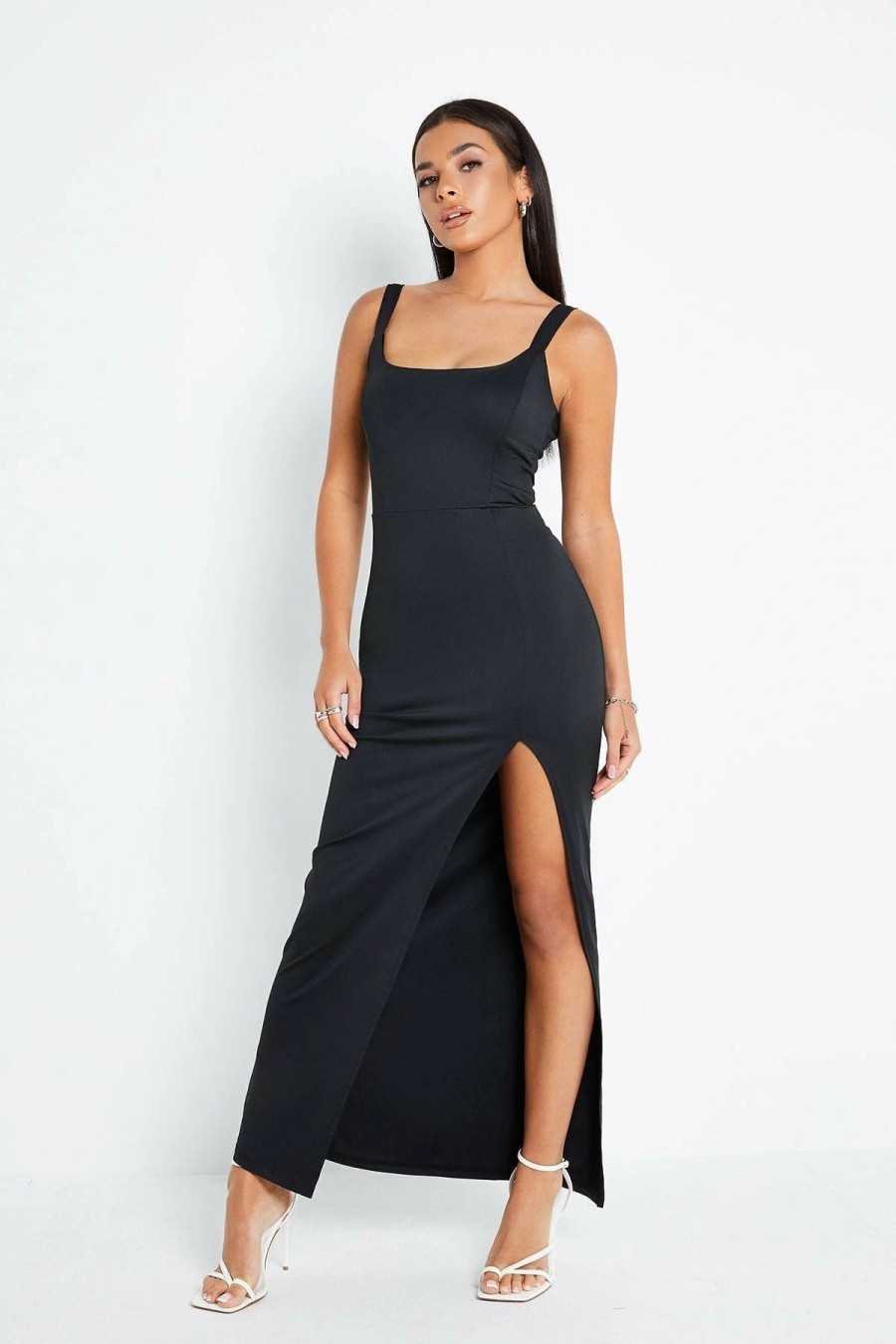 * Solado Square Neck Sleeveless Split Hem Maxi Dress Black Clearance