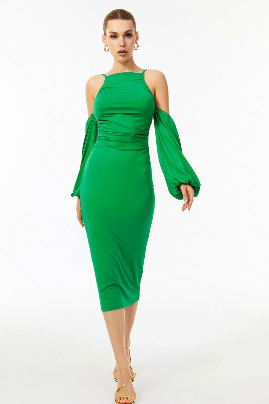 * Solado Lantern Sleeve Backless Solid Maxi Dress Green Clearance