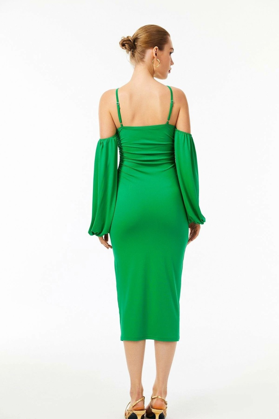 * Solado Lantern Sleeve Backless Solid Maxi Dress Green Clearance