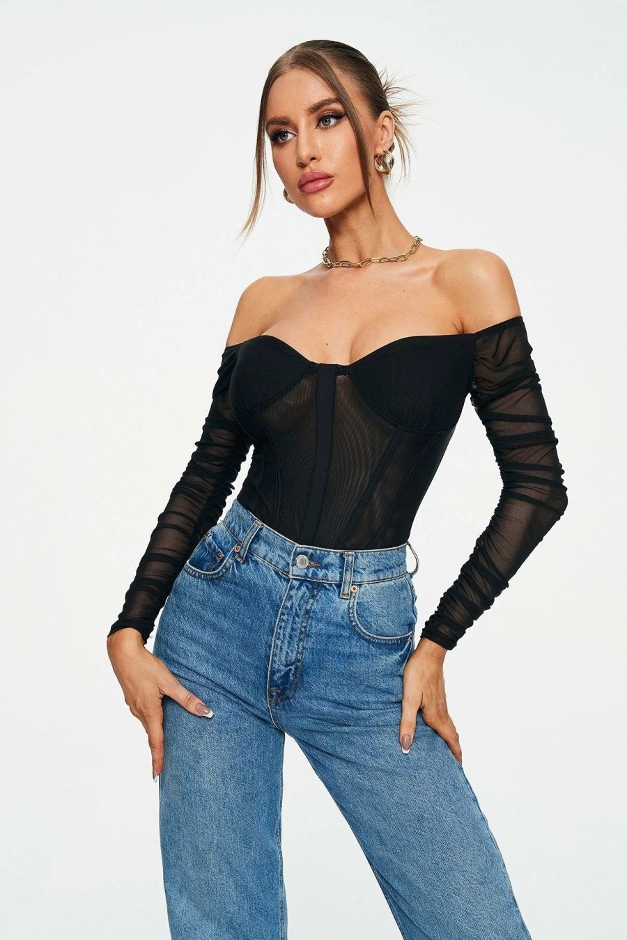 * Solado Off Shoulder Mesh Splicing Long Sleeve Bodysuit Black Clearance