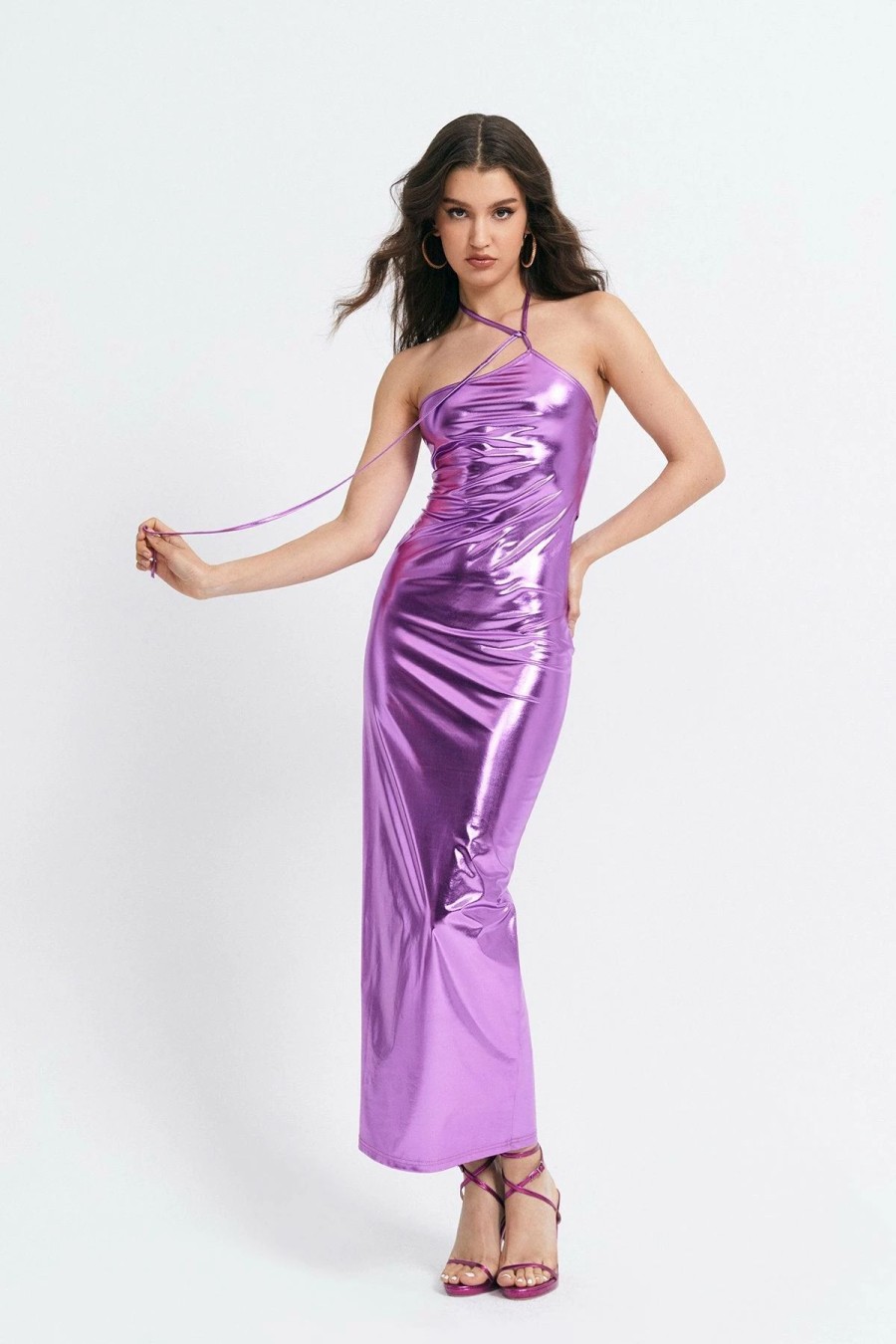 * Solado Halter Neck Cut Out Sheen Bodycon Maxi Dress Orchid Hot