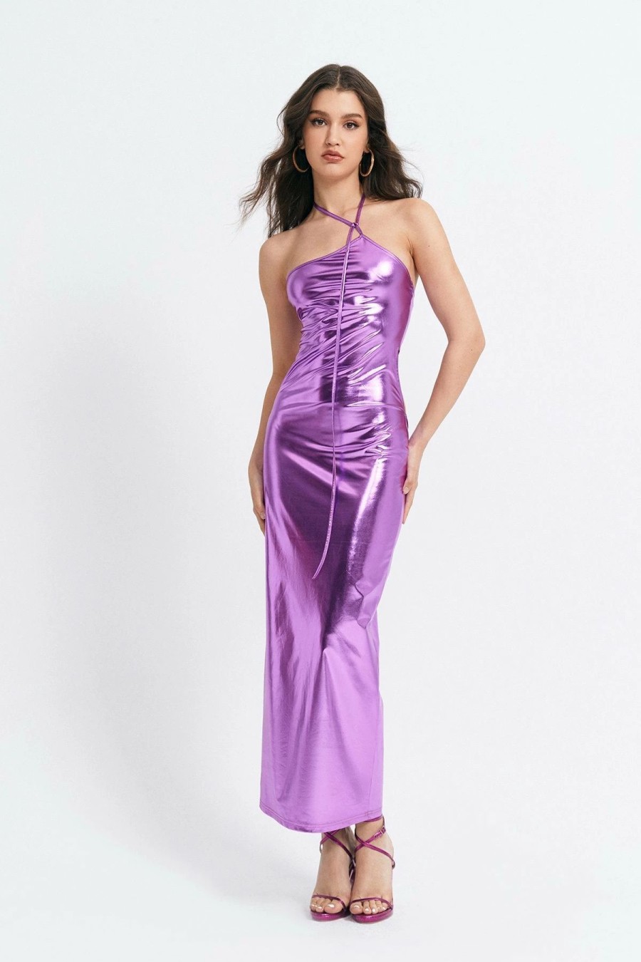 * Solado Halter Neck Cut Out Sheen Bodycon Maxi Dress Orchid Hot