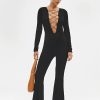 * Solado Plunging Neck Lace Up Long Sleeve Flared Jumpsuit Black Online