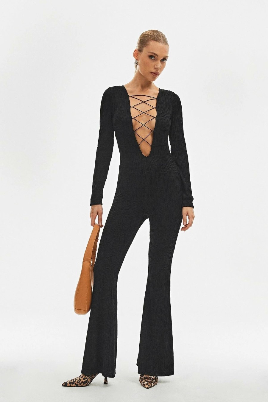 * Solado Plunging Neck Lace Up Long Sleeve Flared Jumpsuit Black Online