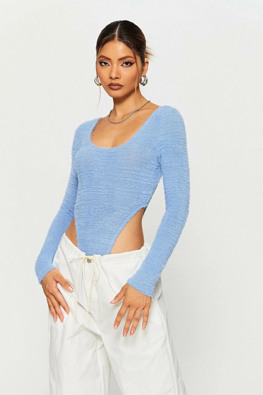 * Solado U Neck Fluffy Long Sleeve Bodysuit Lightblue Best