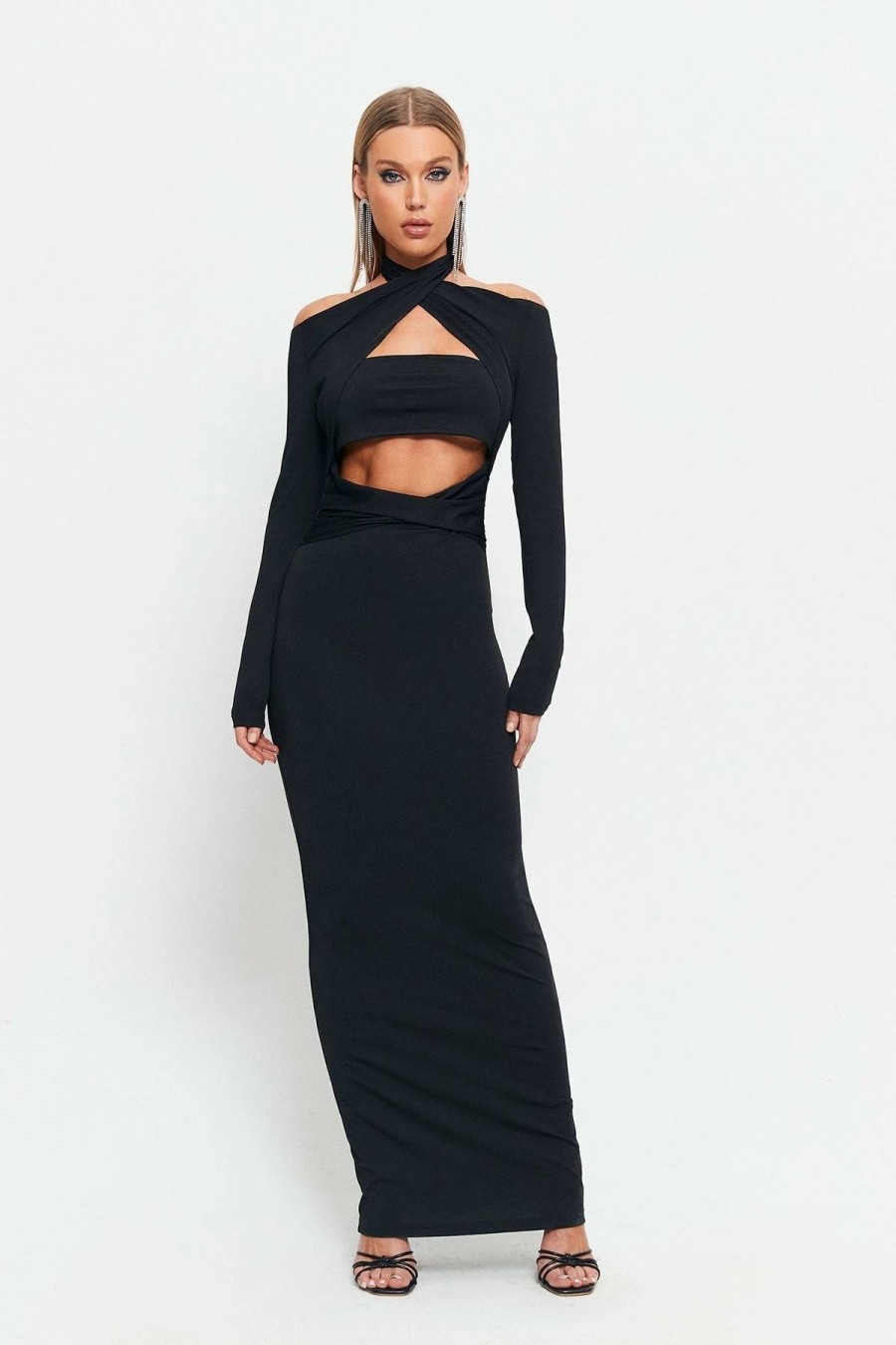 * Solado Halter Neck Cut Out Long Sleeve Maxi Dress Black Clearance