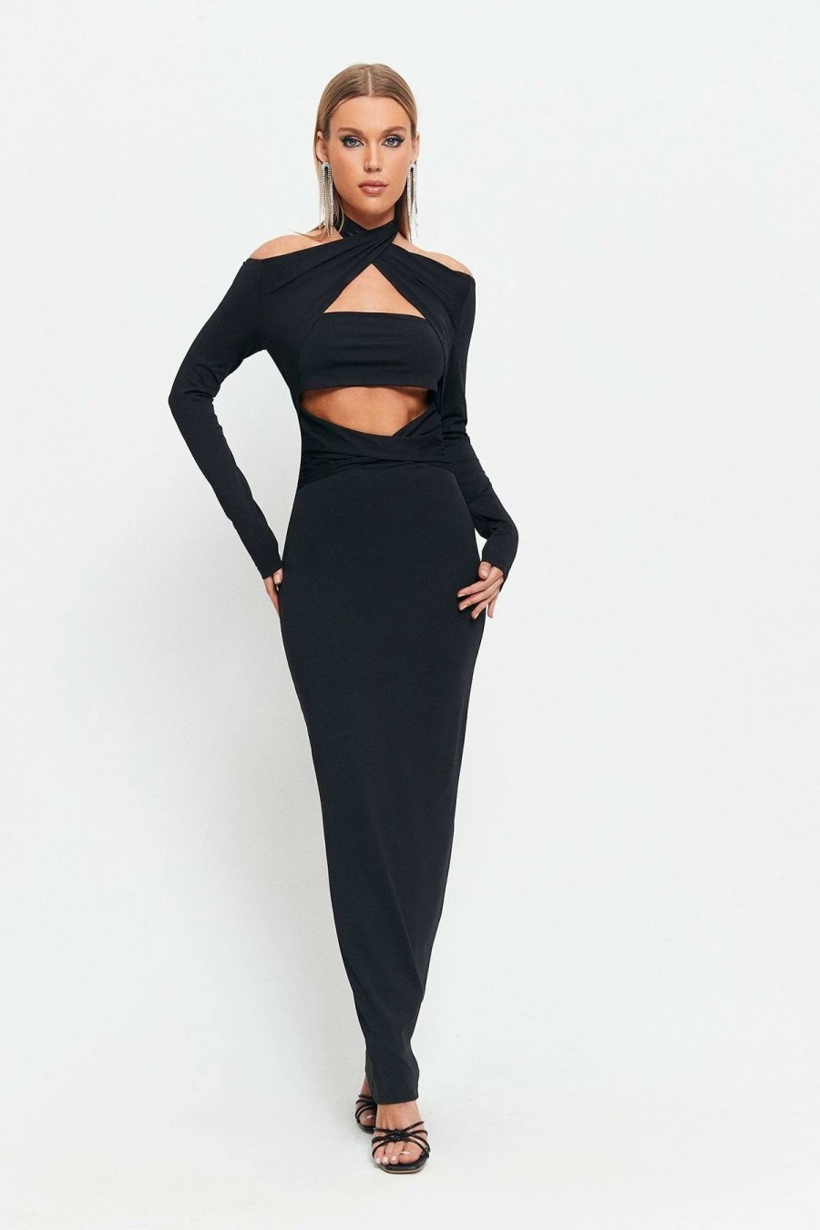 * Solado Halter Neck Cut Out Long Sleeve Maxi Dress Black Clearance