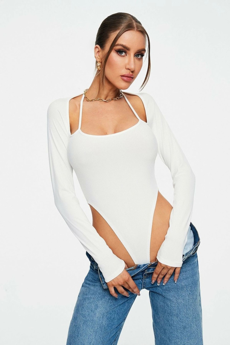 * Solado Cut Out Long Sleeve Bodycon Solid Bodysuit White Best