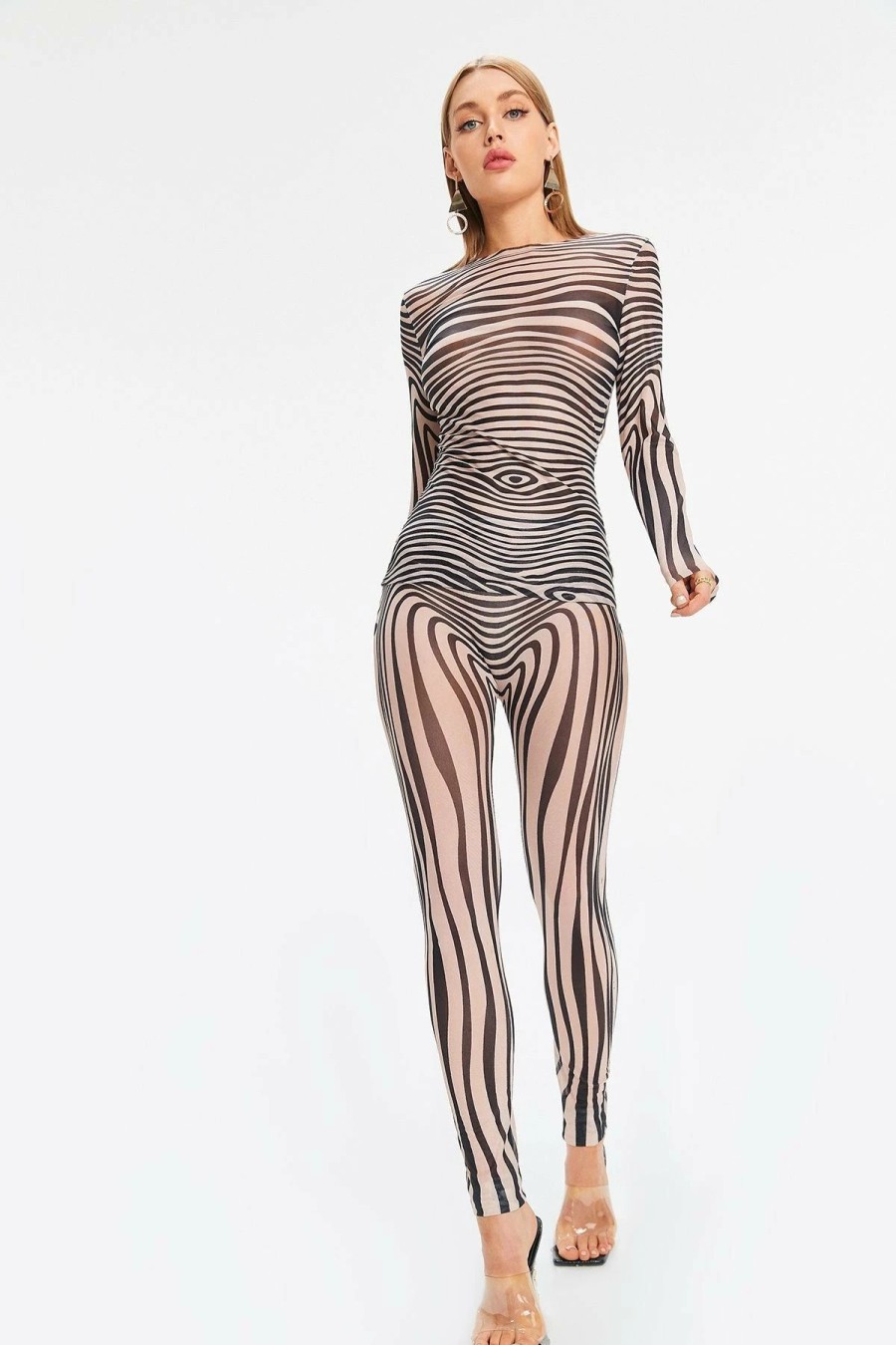 * Solado Zebra Print Long Sleeve Top & Mesh From-Fitting Pants Black New