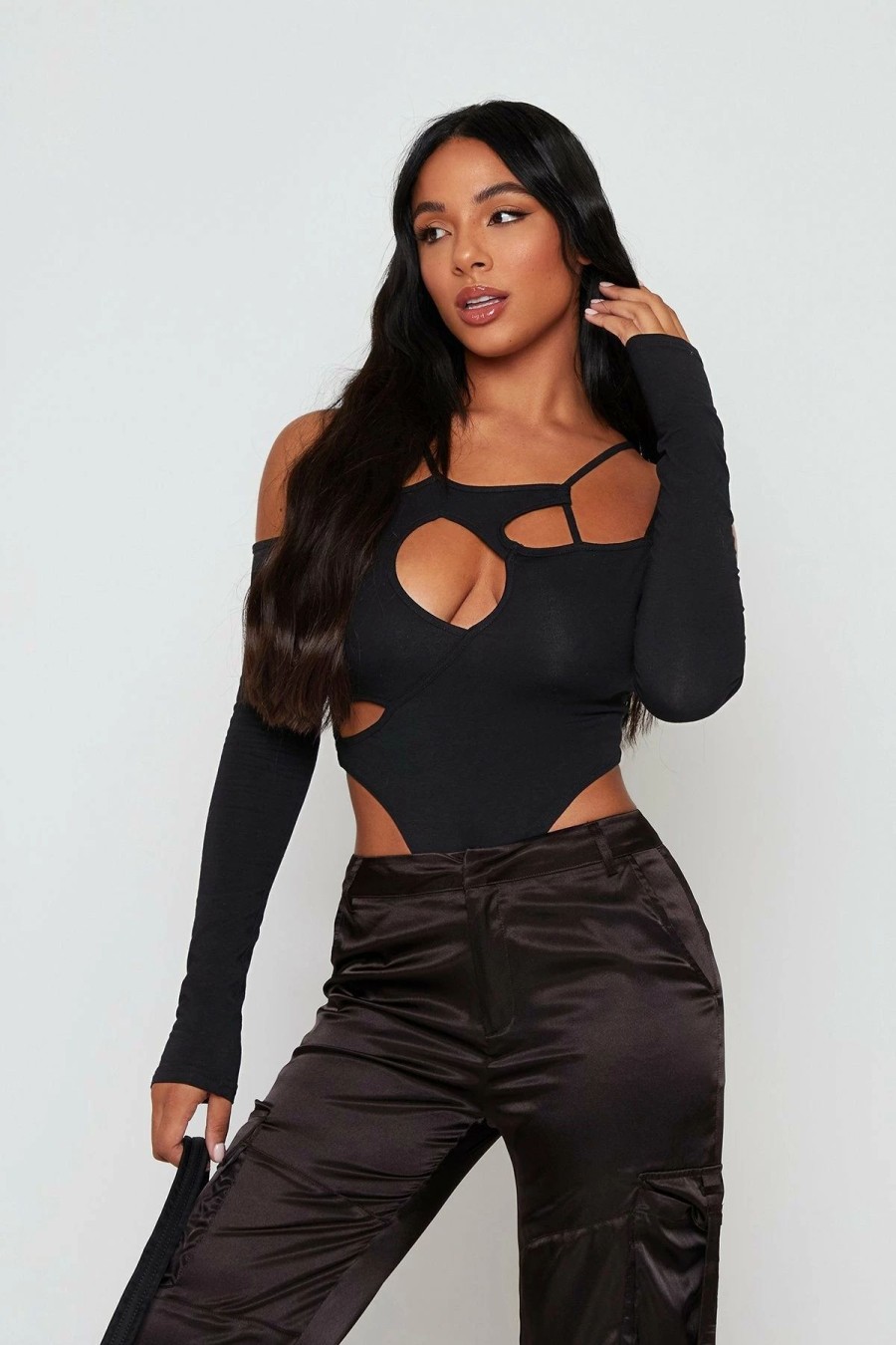 * Solado Cut Out Cold Shoulder Long Sleeve Bodysuit Black Wholesale