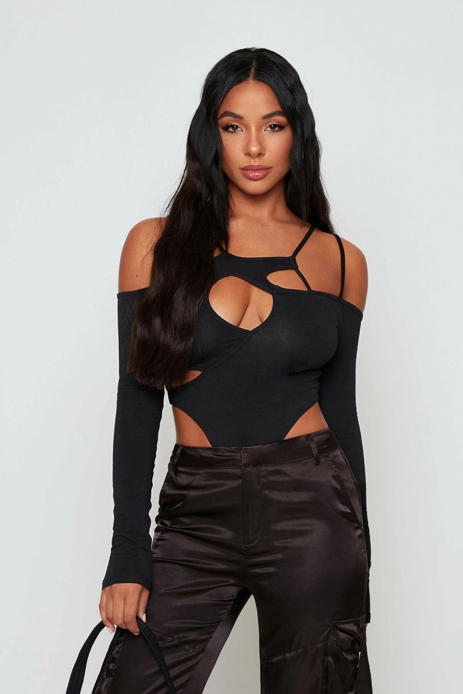 * Solado Cut Out Cold Shoulder Long Sleeve Bodysuit Black Wholesale