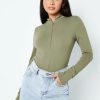 * Solado Mock Neck Zipper Front Long Sleeve Bodysuit Olive Clearance