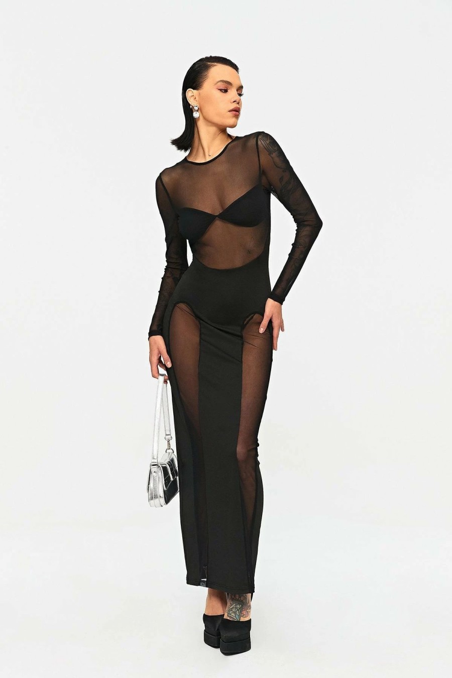 * Solado Mesh Splicing Long Sleeve Bodycon Maxi Dress Black New