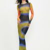 * Solado Abstract Print Colorblock Mesh Bodycon Maxi Dress Yellowgreen Hot