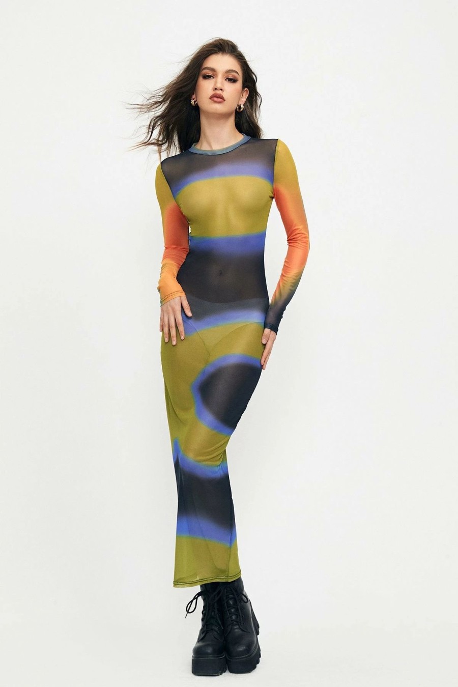 * Solado Abstract Print Colorblock Mesh Bodycon Maxi Dress Yellowgreen Hot