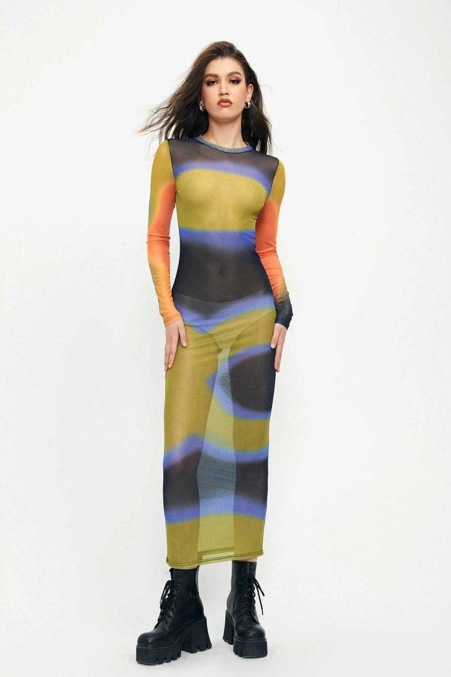 * Solado Abstract Print Colorblock Mesh Bodycon Maxi Dress Yellowgreen Hot