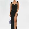 * Solado Plunging Neck Feather Strap Split Hem Maxi Dress Black Best