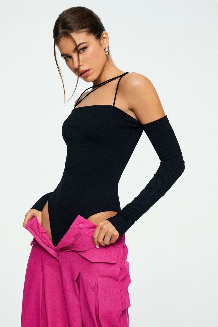 * Solado Cold Shoulder Backless Long Sleeve Bodysuit Black Wholesale