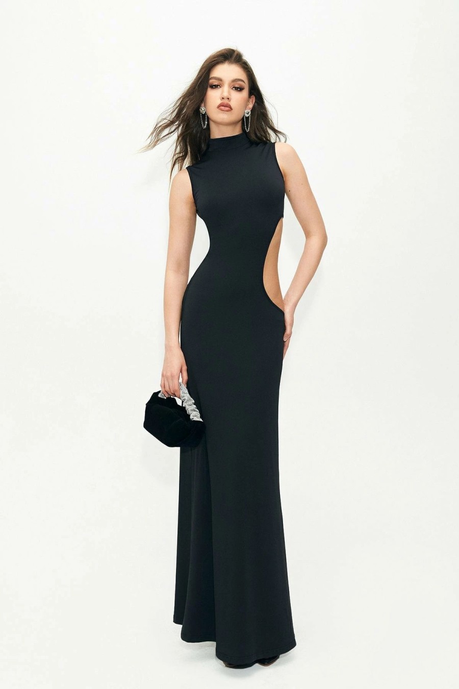 * Solado Mock Neck Cut Out Bodycon Mermaid Maxi Dress Black Wholesale