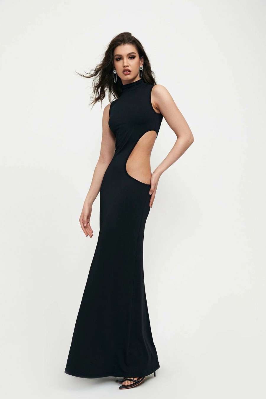 * Solado Mock Neck Cut Out Bodycon Mermaid Maxi Dress Black Wholesale