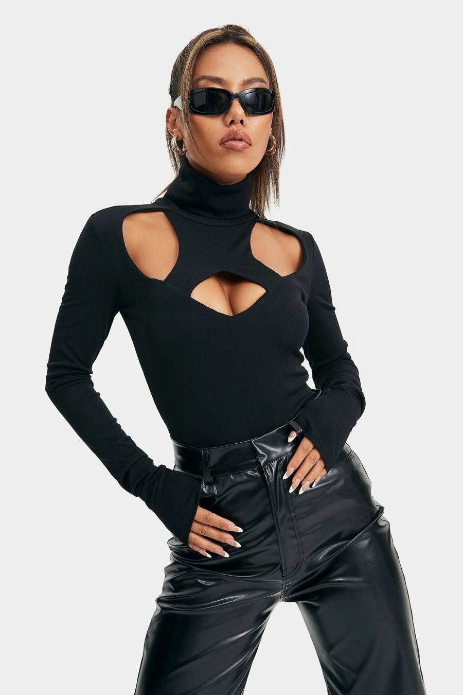 * Solado High Neck Cut Out Long Sleeve Solid Bodysuit Black Online