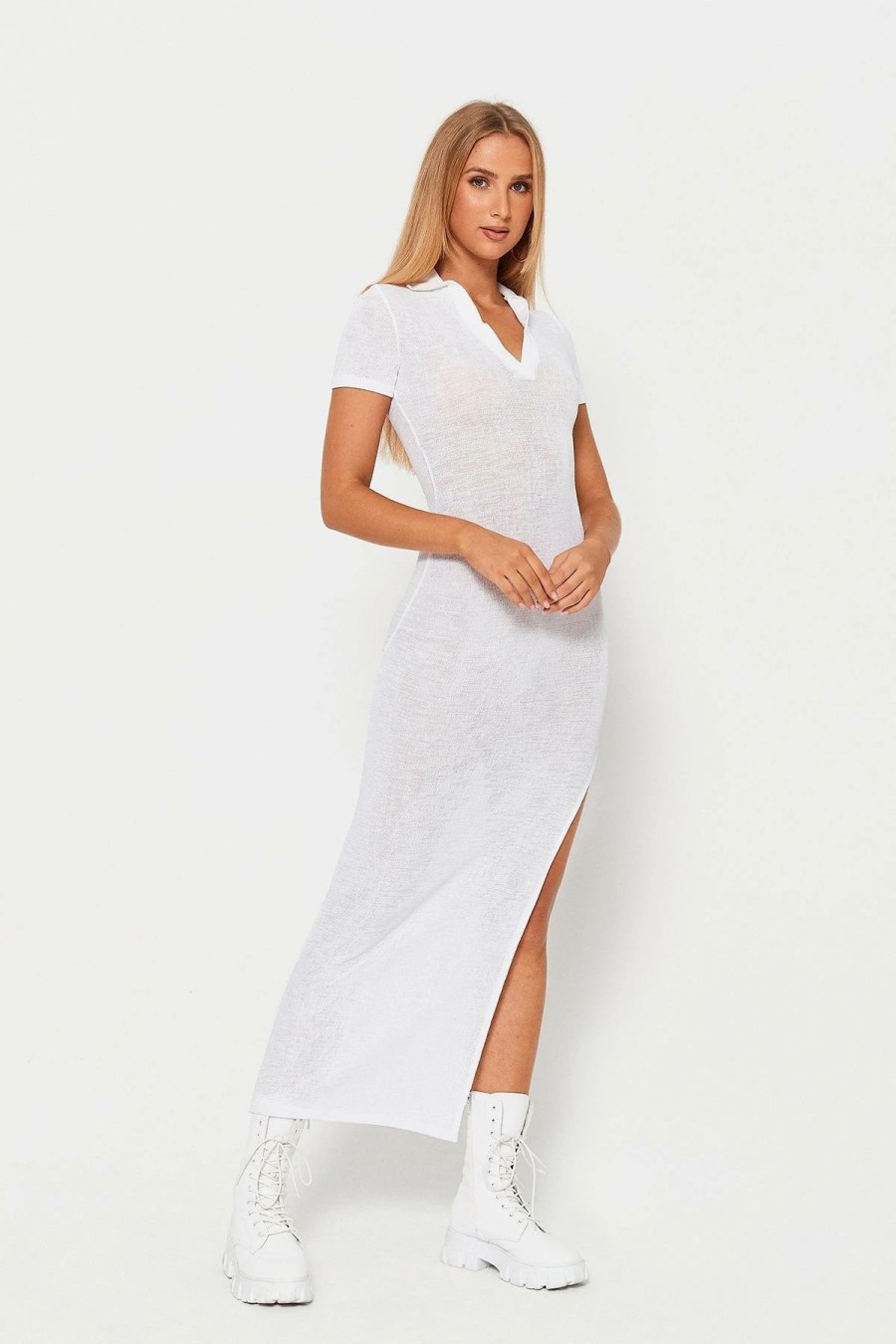 * Solado Plunging Neck Split Hem Solid Short Sleeve Maxi Dress White Online