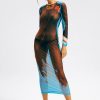 * Solado Abstract Print Open Back Mesh Long Sleeve Maxi Dress Without Panty Blue Clearance