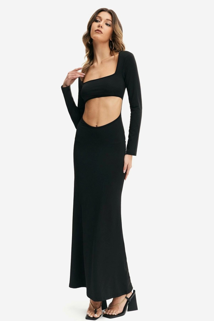 * Solado Square Neck Cut Out Long Sleeve Maxi Dress Black Clearance