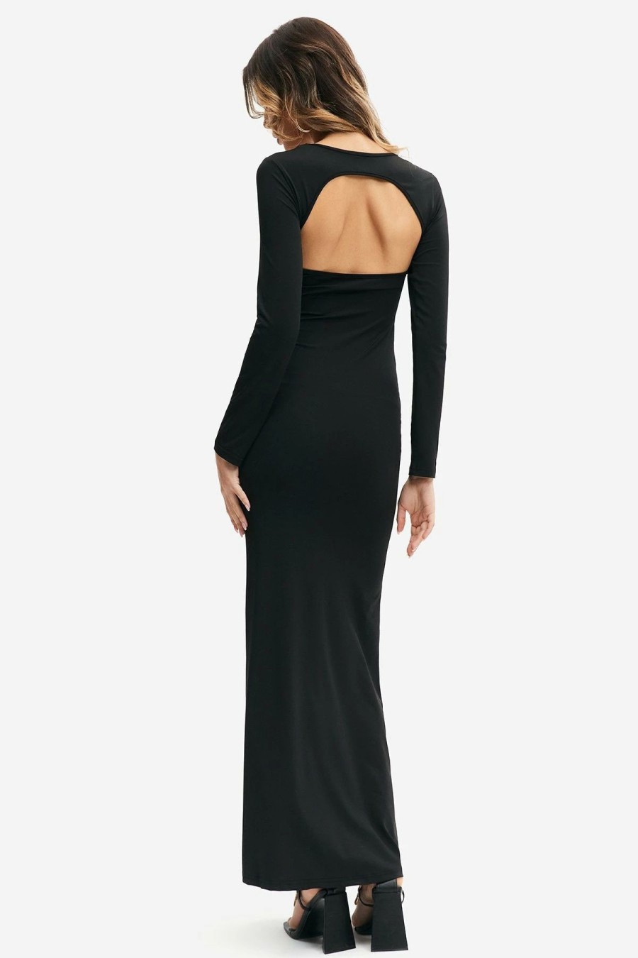 * Solado Square Neck Cut Out Long Sleeve Maxi Dress Black Clearance