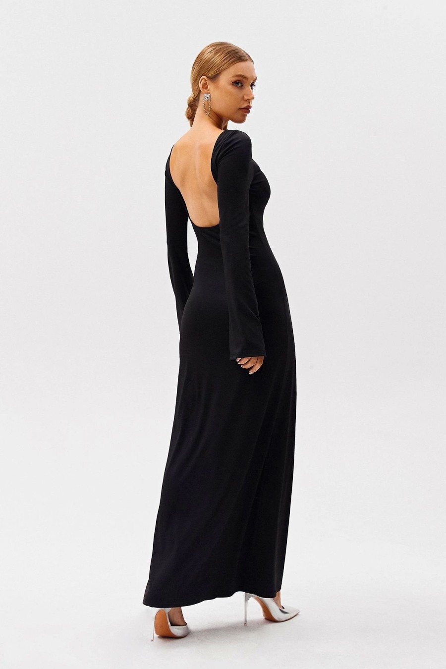 * Solado Open Back Flared Sleeve Cinched Waist Maxi Dress Black Clearance