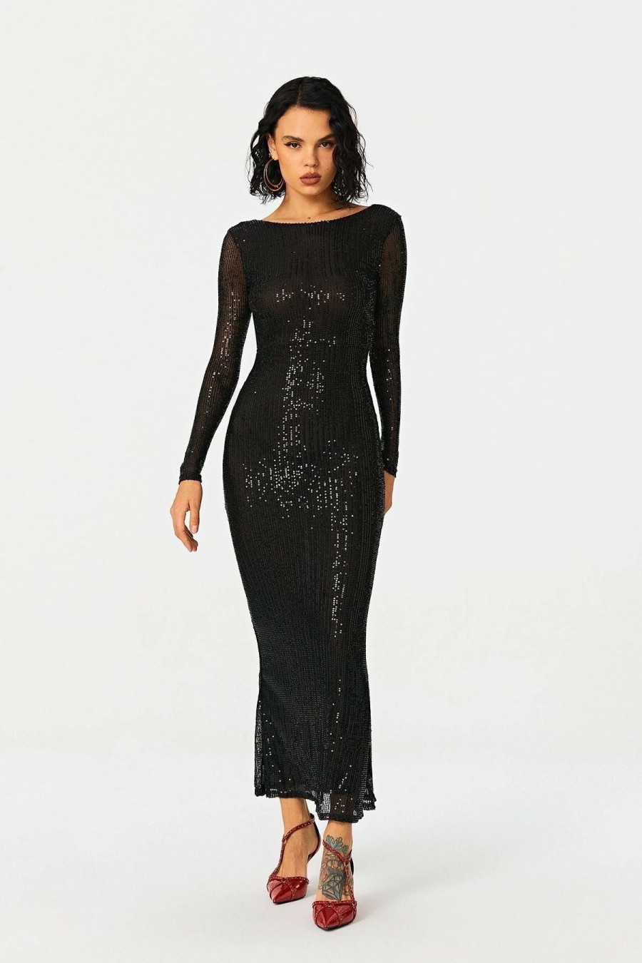 * Solado Sequin Open Back Long Sleeve Mermaid Maxi Dress Black Hot