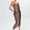 * Solado Mesh Plunging Neck Maxi Dress Brown New