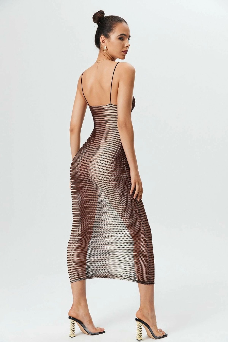 * Solado Mesh Plunging Neck Maxi Dress Brown New