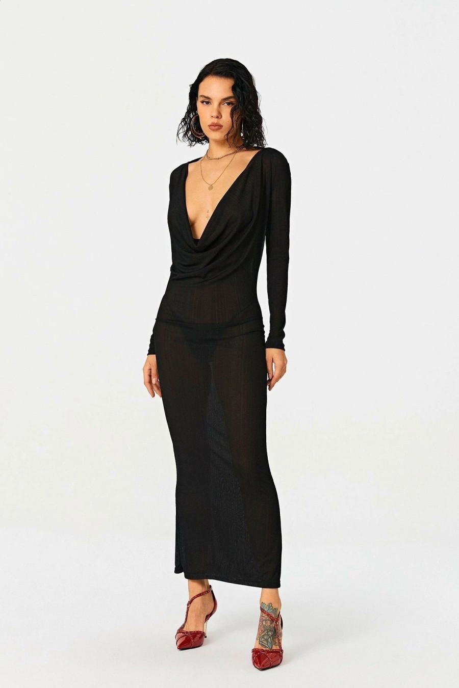 * Solado Plunging Neck Bodycon Long Sleeve Mesh Maxi Dress Without Panty Black Online