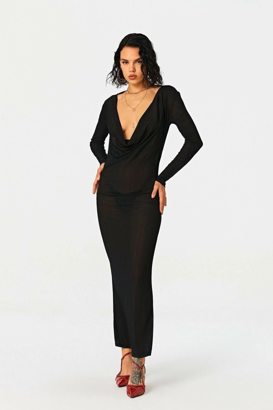 * Solado Plunging Neck Bodycon Long Sleeve Mesh Maxi Dress Without Panty Black Online