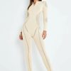 * Solado Zipper Front Split Hem Long Sleeve Knitted Jumpsuit Beige Wholesale