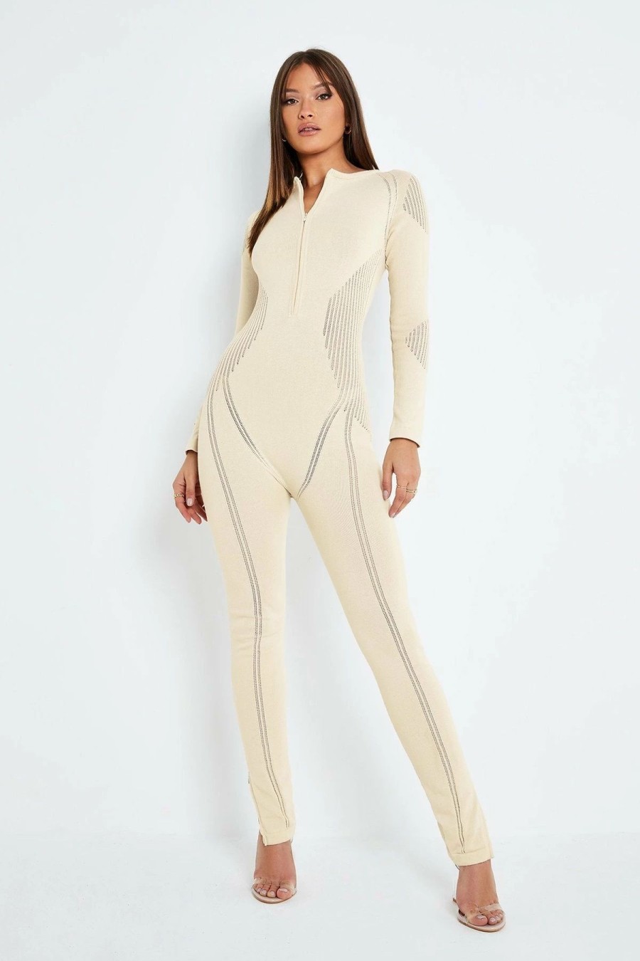 * Solado Zipper Front Split Hem Long Sleeve Knitted Jumpsuit Beige Wholesale