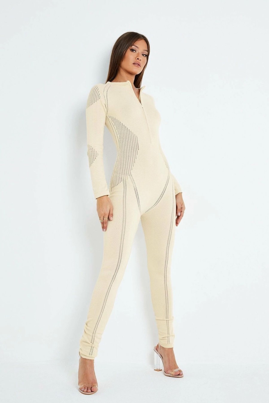 * Solado Zipper Front Split Hem Long Sleeve Knitted Jumpsuit Beige Wholesale