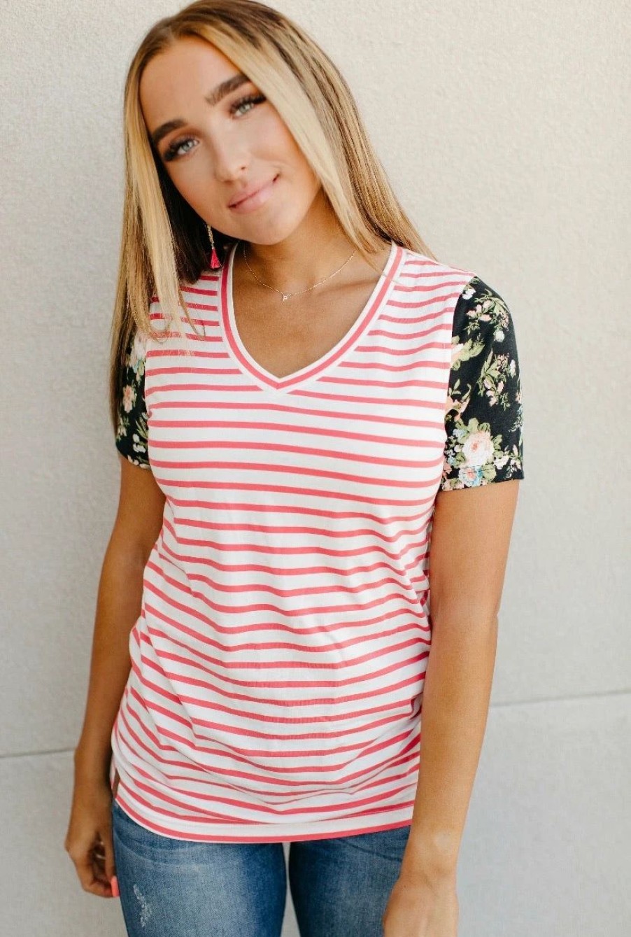 * Ampersand Avenue Lulu Tee- Coral Stripe & Floral Accent Online