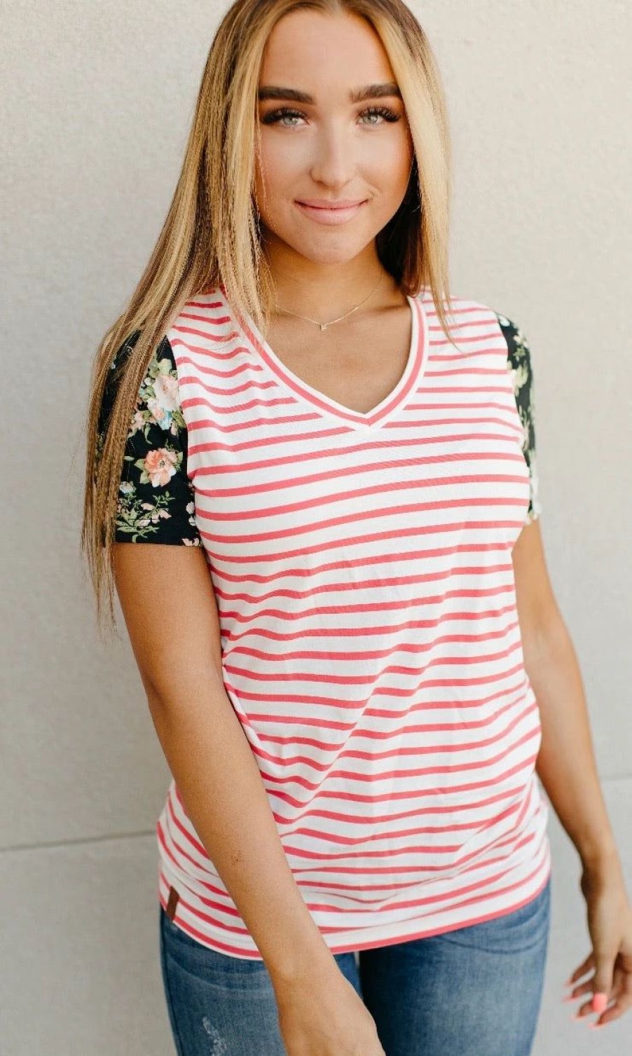 * Ampersand Avenue Lulu Tee- Coral Stripe & Floral Accent Online