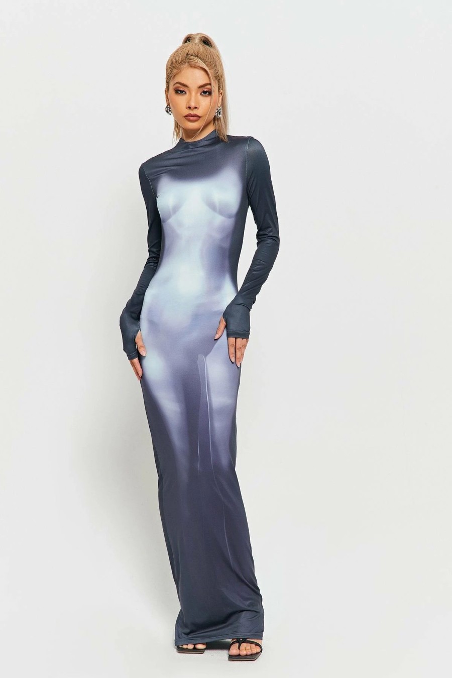 * Solado Mock Neck Abstract Print Long Sleeve Maxi Dress Lightsteelblue Online