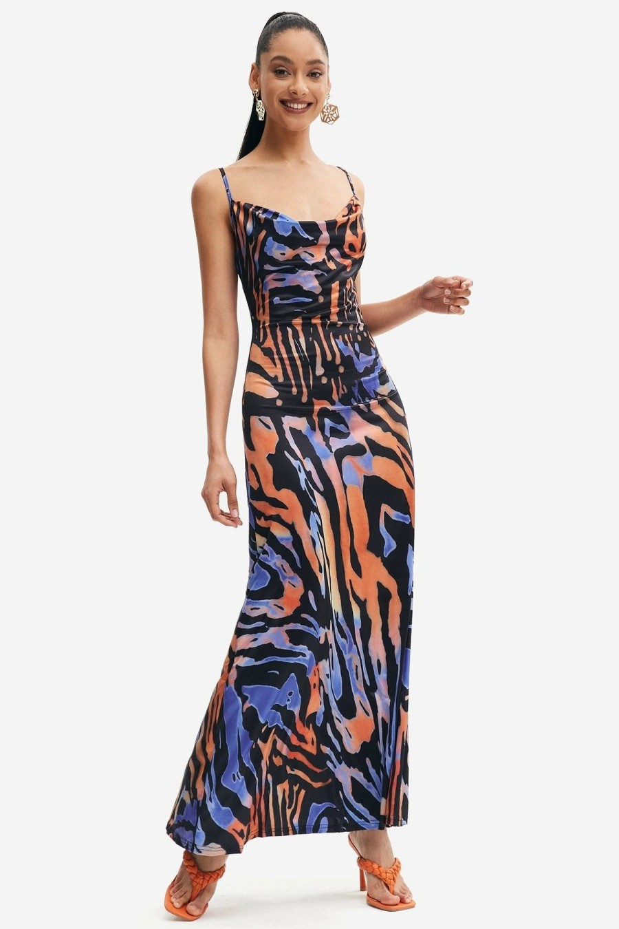 * Solado Cowl Neck Abstract Print Backless Maxi Dress Black Hot