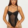 * Solado Plunging Neck Boning Mesh Bodysuit Black Hot