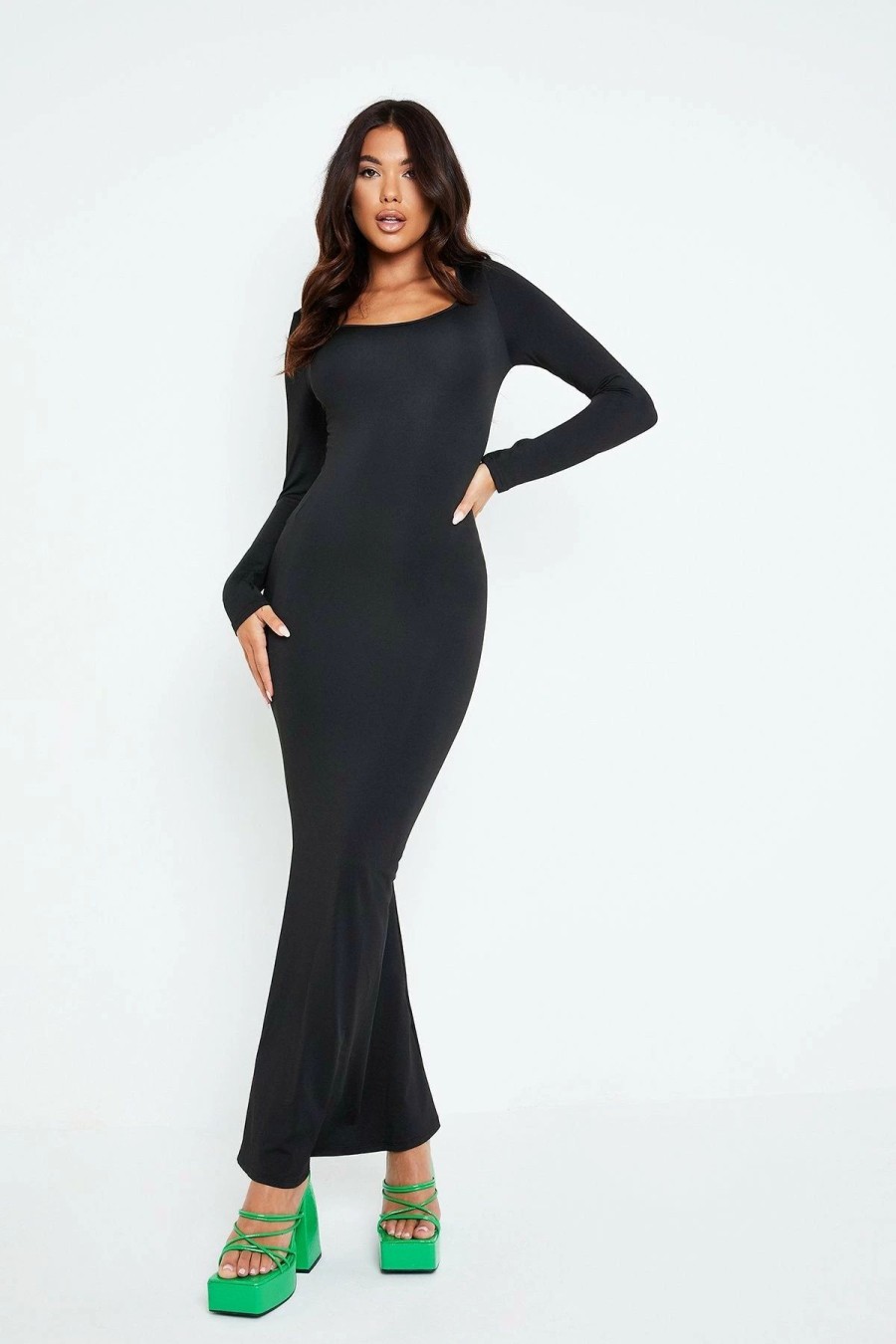 * Solado U Neck Long Sleeve Solid Bodycon Maxi Dress Black Clearance