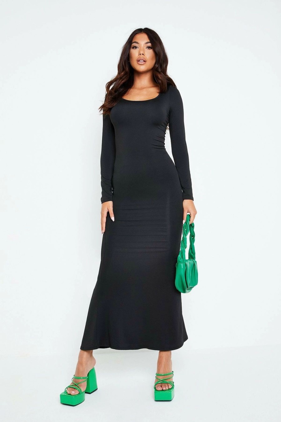 * Solado U Neck Long Sleeve Solid Bodycon Maxi Dress Black Clearance