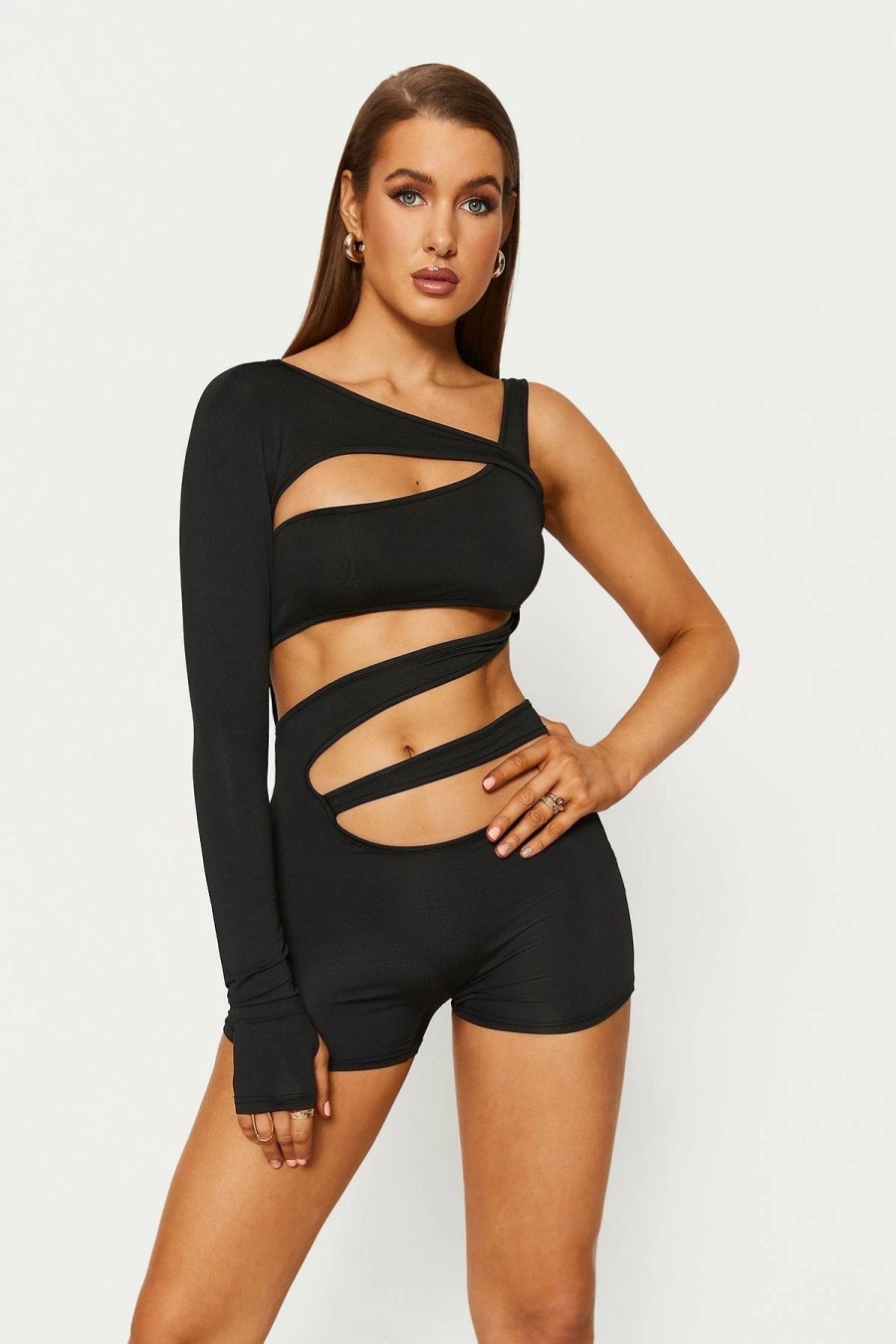 * Solado Asymmetrical Neck One Sleeve Cut Out Romper Playsuit Black Best