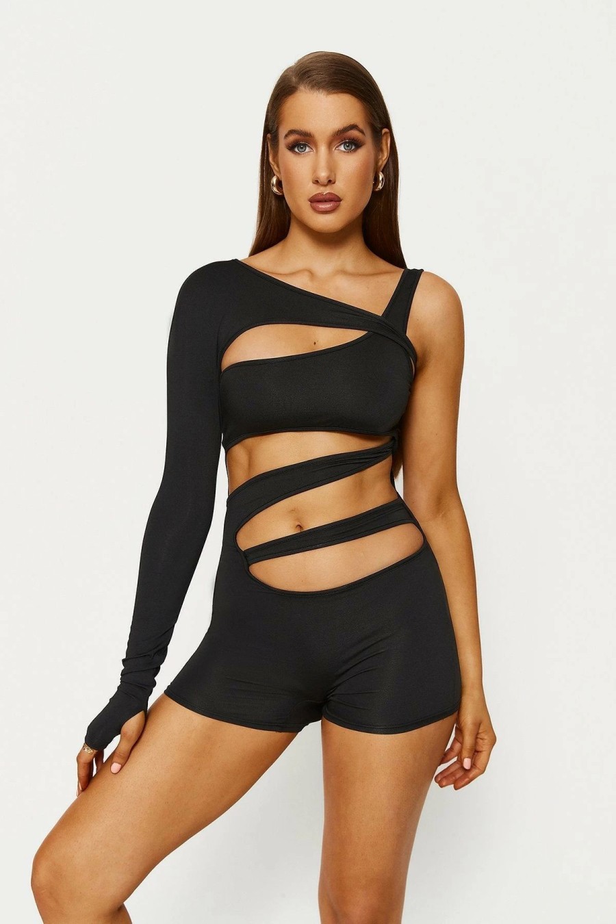 * Solado Asymmetrical Neck One Sleeve Cut Out Romper Playsuit Black Best