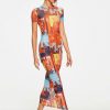 * Solado Abstract Print Mesh Short Sleeve Maxi Dress Without Underwear Orange Best