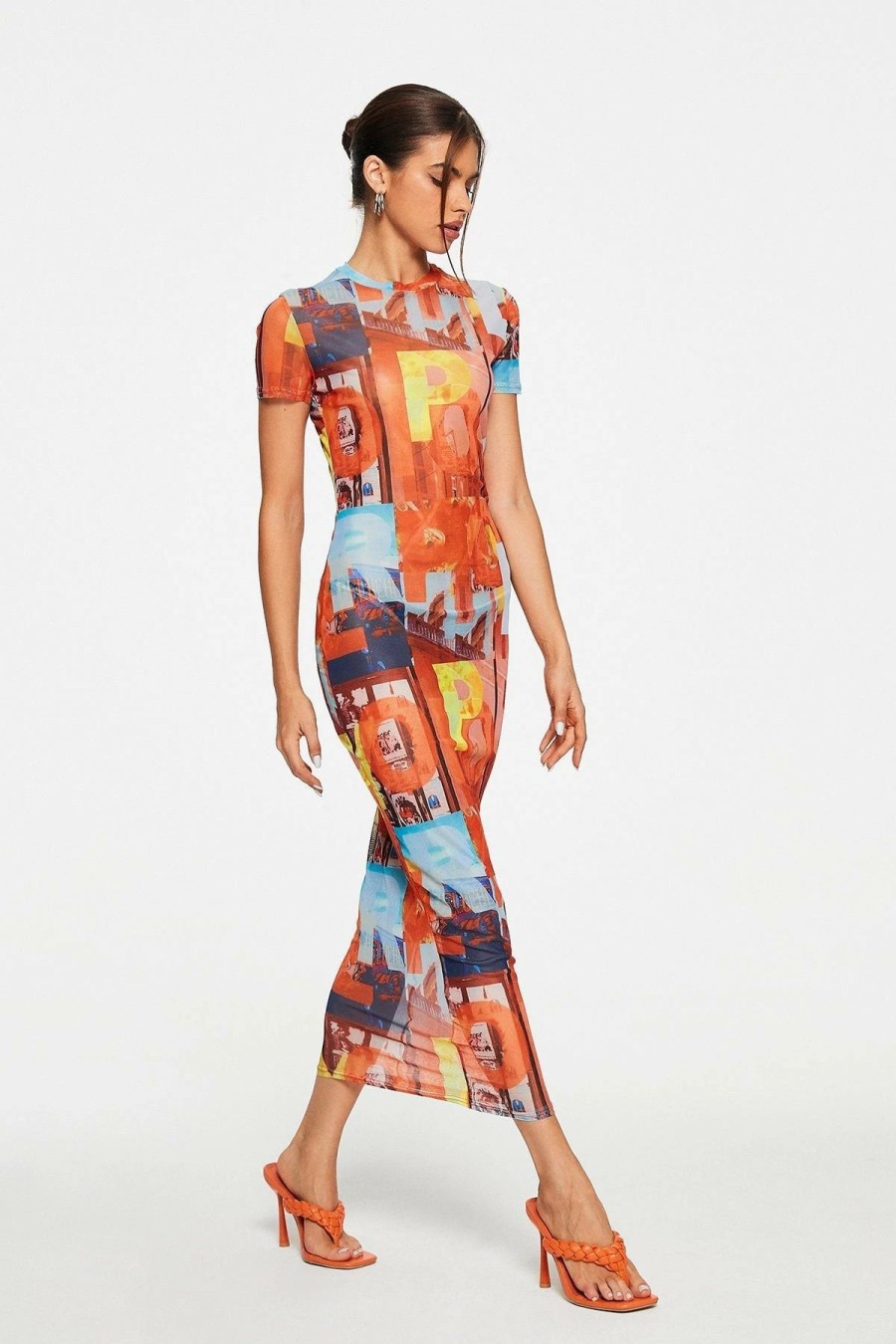 * Solado Abstract Print Mesh Short Sleeve Maxi Dress Without Underwear Orange Best